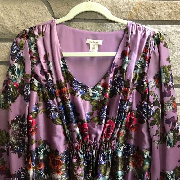 Sundance Floral 100% Silk Blouse stop Medium Amethyst Purple cottagecore - Picture 4 of 9